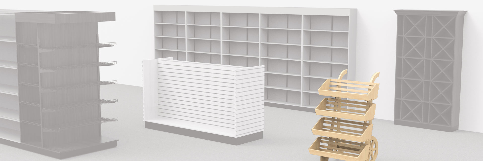 Display of grocery endcap, bakery shelving units, produce cart and a wooden gondola against a white background