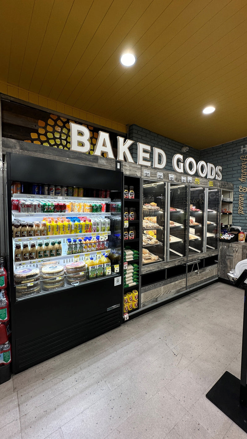 Grocery store bakery display case for baked goods section 