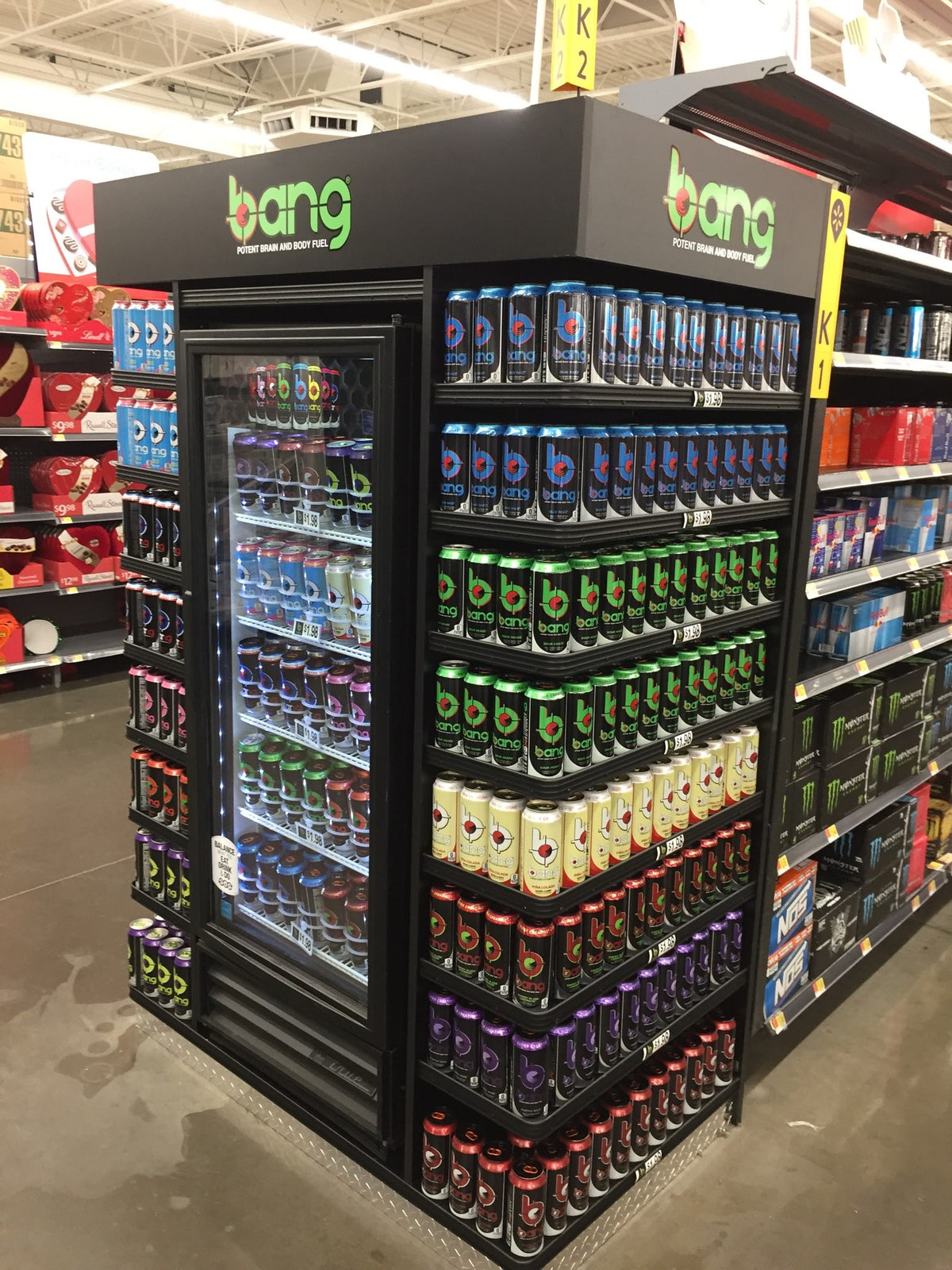 Bang Endcap display with various drinks in a store setting