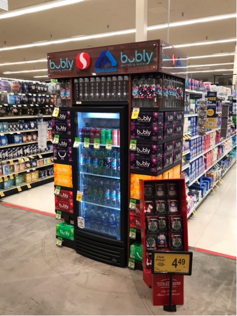 Custom Bubly retail end cap display with built-in cooler