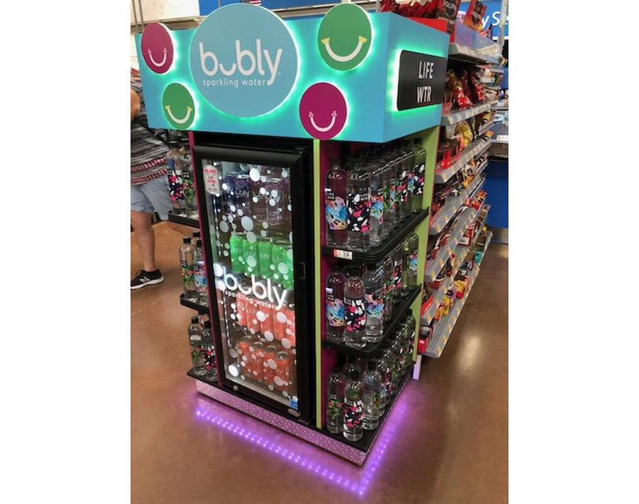 Bubly sparkling water end cap display in a retail store