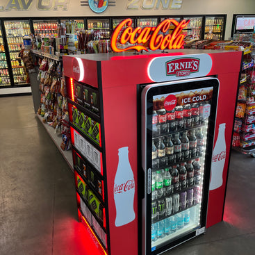 Point-of-Purchase-Display for Coke in a store setting with a fridge and leds