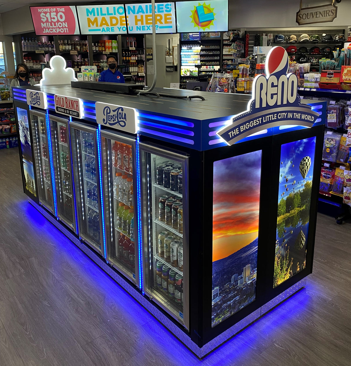 Custom Cooler Bunker Retail fixture with Pepsi and branding in a store setting