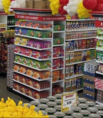 Supermarket Custom End-Cap with shelves stocked with products