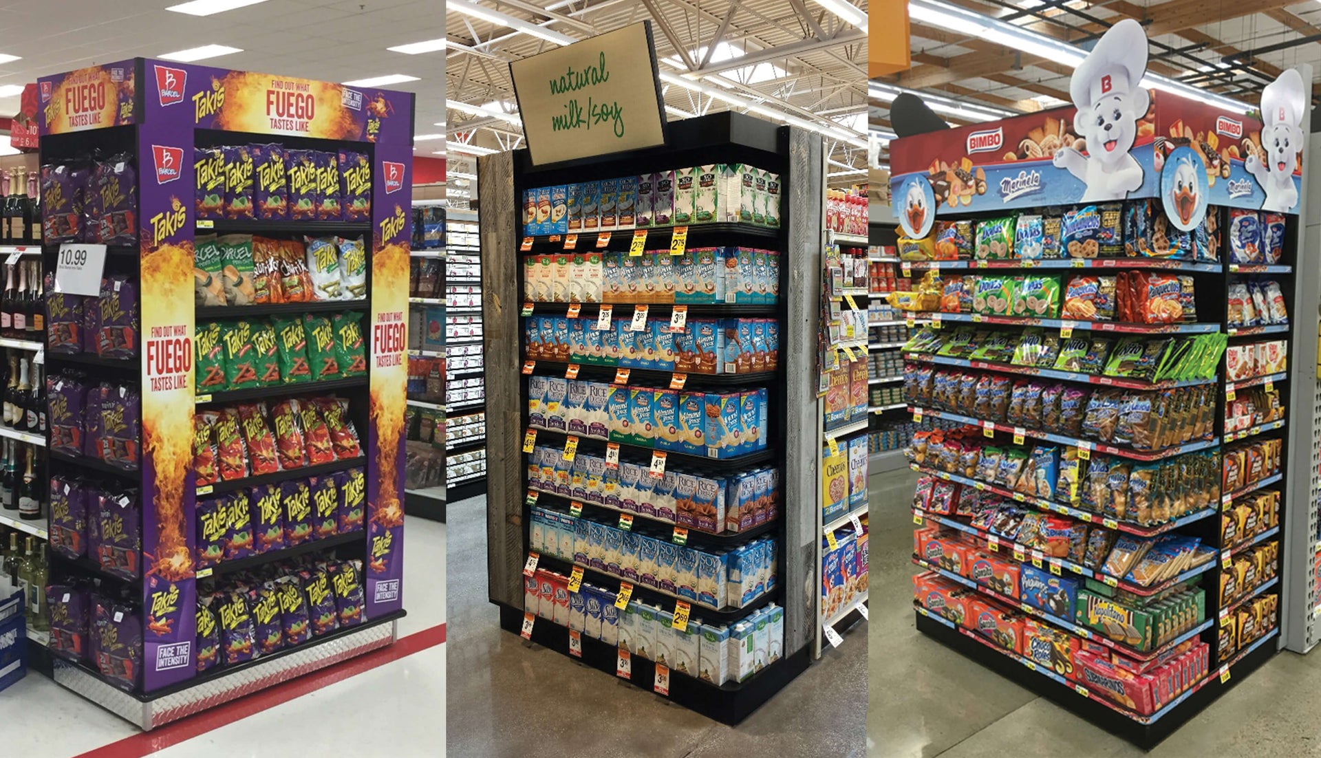 Grocery store aisle with end-cap displays featuring product