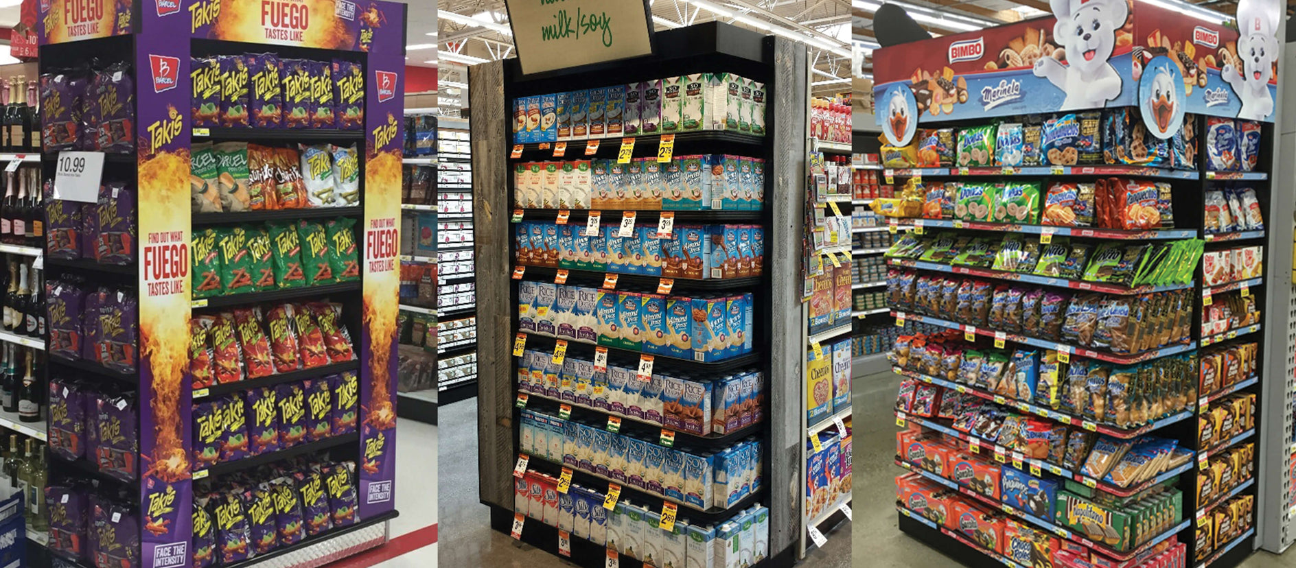 Grocery store aisle with end-cap displays featuring product