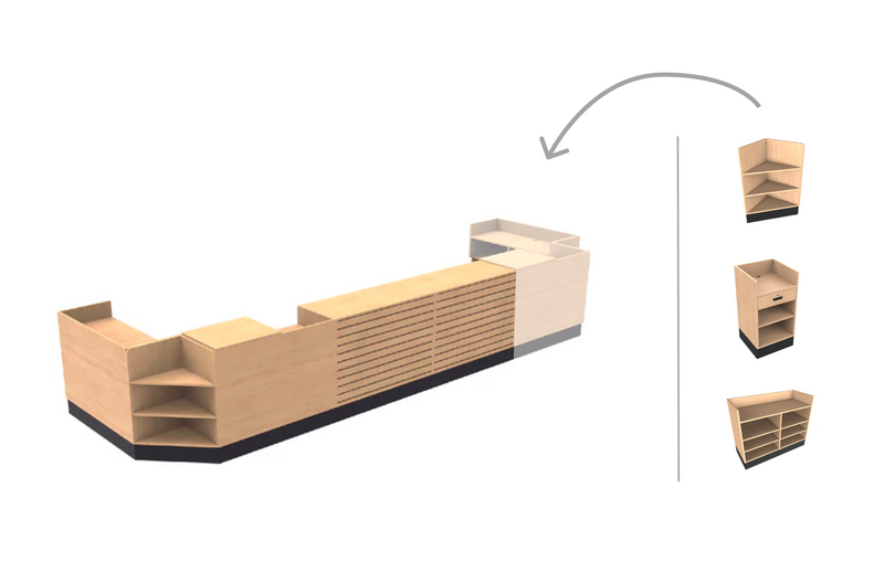 Wooden reception desk with modular shelves on a white background