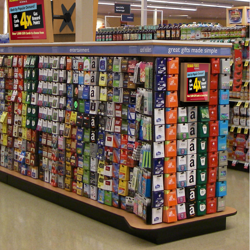 A pegboard Gondola fixture holding giftcards