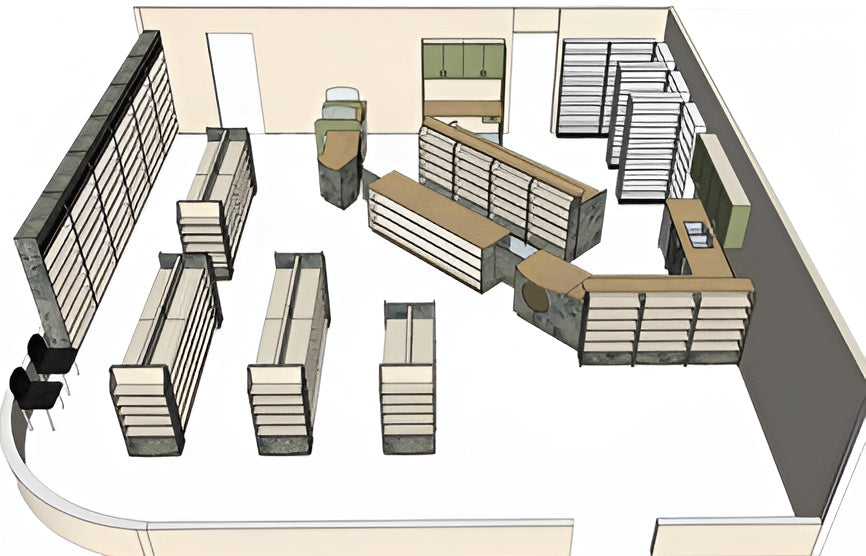 A 3D Layout of a store redesign with gondola shevling, 1-sided displays, and sales counters