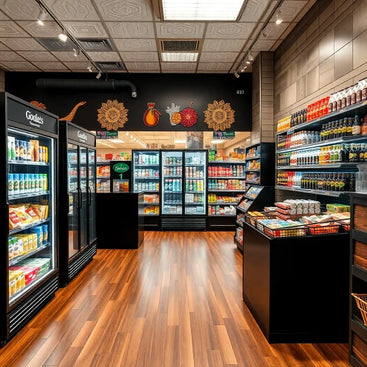 Supermarket store-fixtures with refrigerated shelves and product displays.