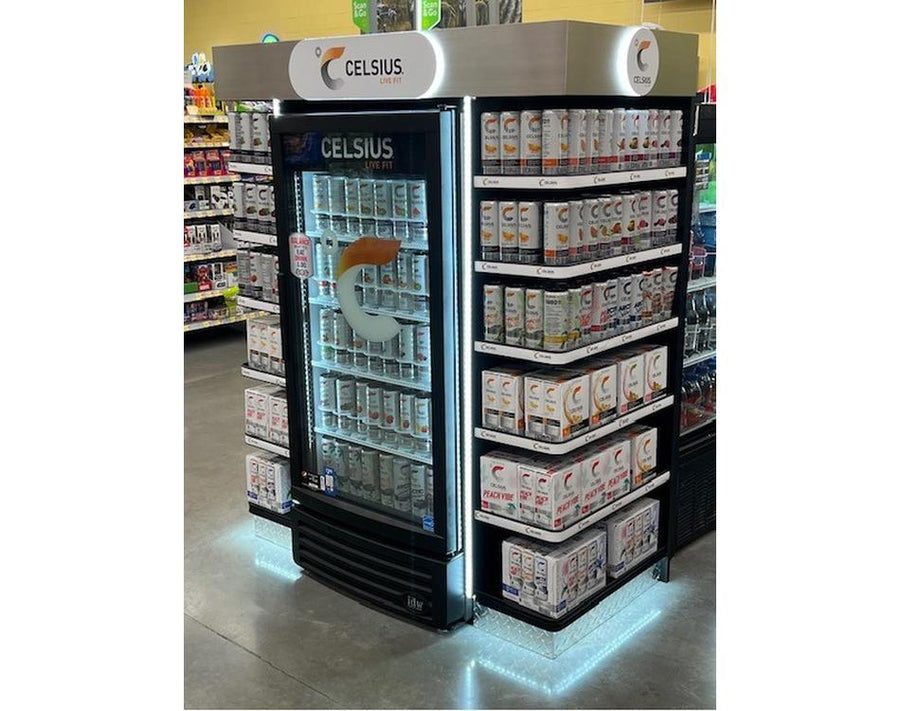 Celsius branded End Cap with a cooler in a store setting