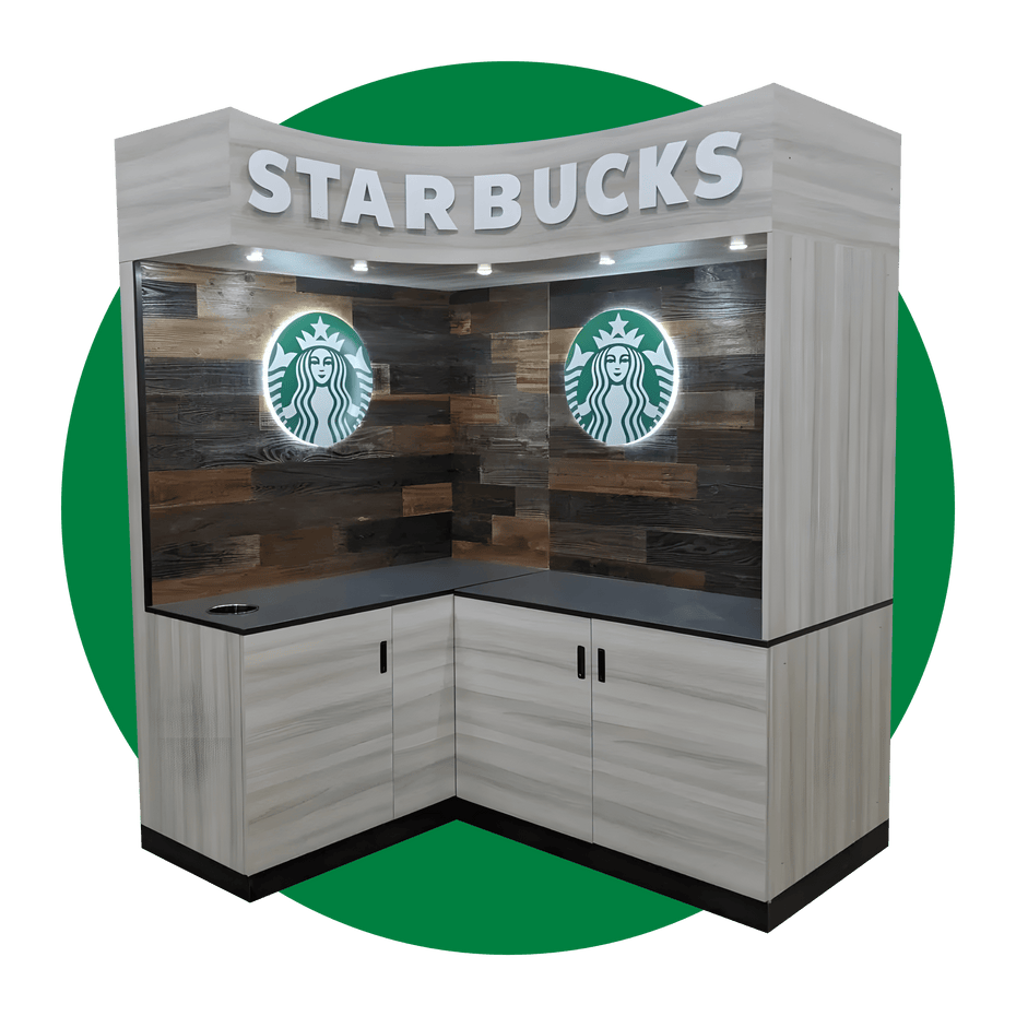 Showcases a custom store display built for Starbucks